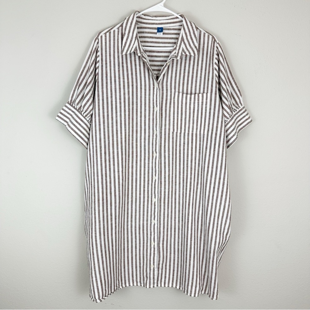 Old Navy Linen-Blend Shirt Dress Plus 2X Sand Stripe Short Sleeve Button Front - Picture 3 of 9